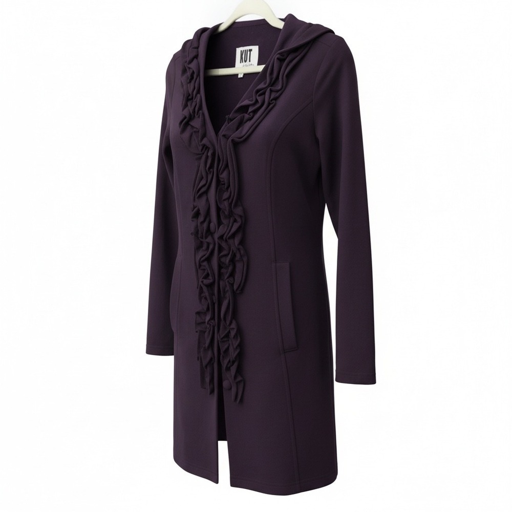 Kut from the Kloth Purple Cardigan Button Front Jersey Knit Ruffles Large Preppy